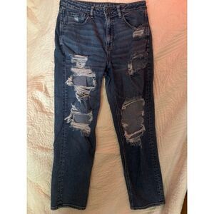 American Eagle Ripped Mom Straight Jeans Size 12 Medium Wash Distressed Denim